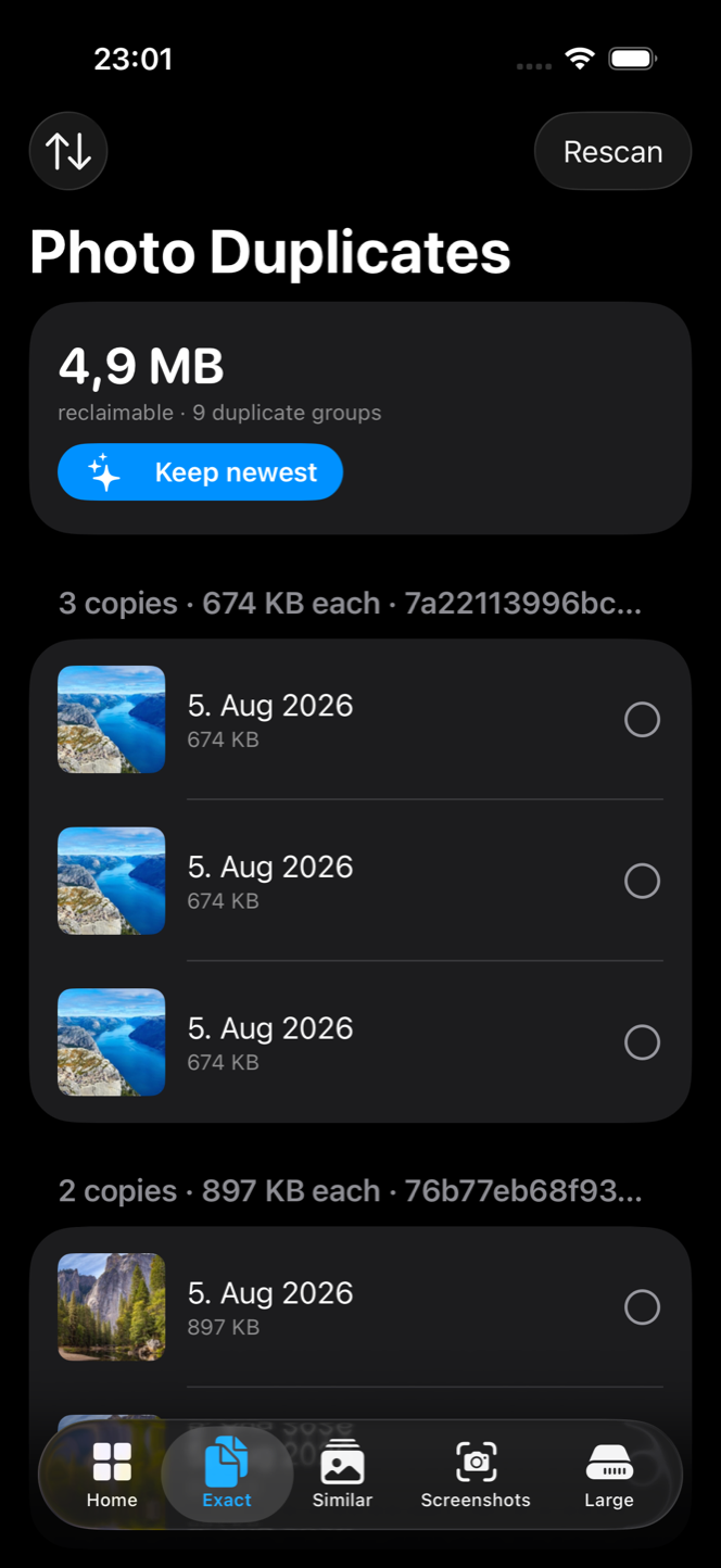 Exact duplicates screen in dark mode