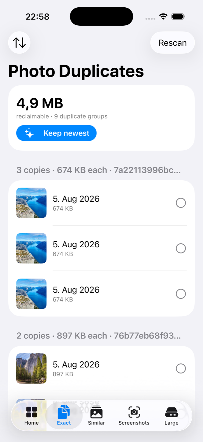 DupFinder's Photo Duplicates screen: 4.9 MB reclaimable in 9 duplicate groups, each group labeled with its SHA-256 content hash