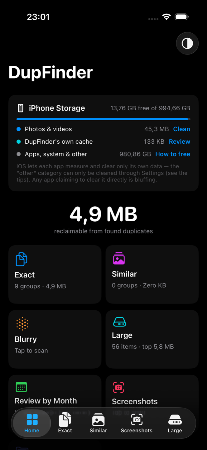 DupFinder home dashboard in dark mode
