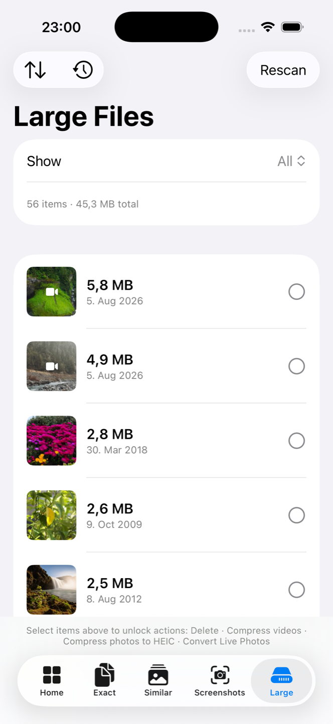 Large Files screen listing the biggest videos and photos first